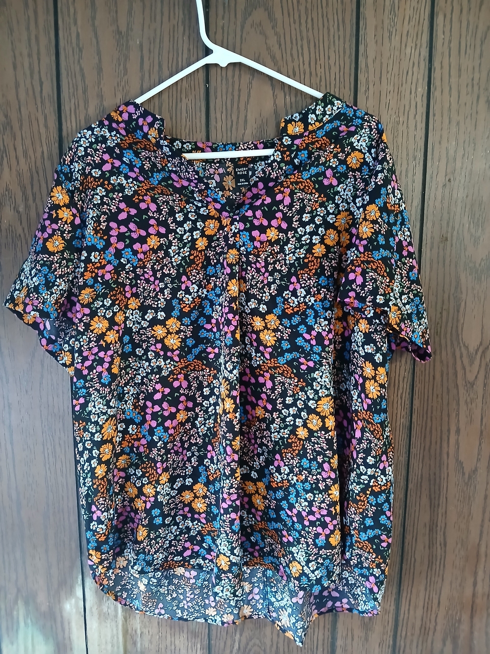 Plus Size Floral Short Sleeve V-Neck Top -Black with Pink, Orange & Blue Flowers